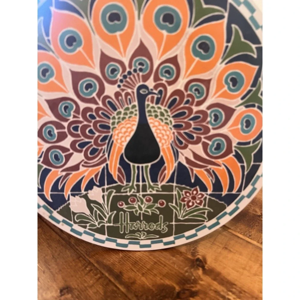 Vtg Harrods Peacock Melamine Round Cutting Board Wall Hanging
